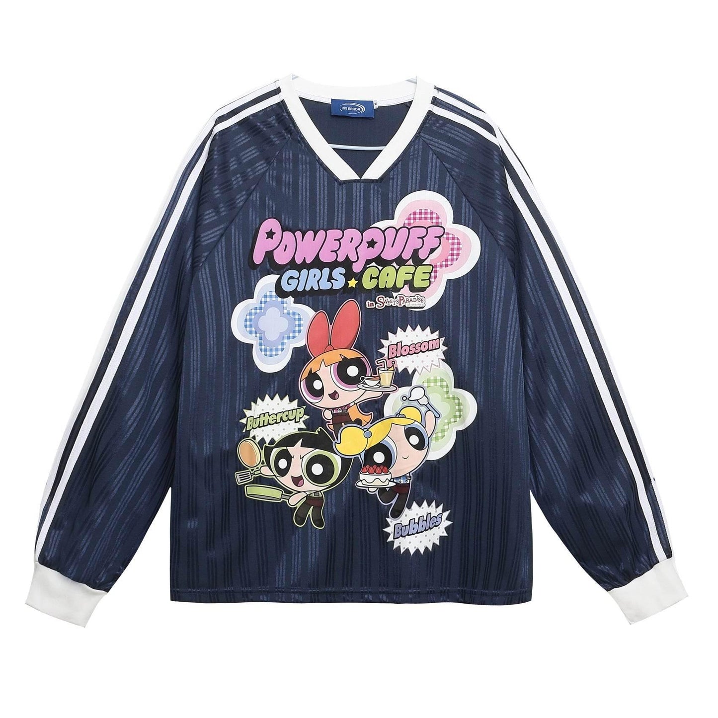 Striped Cartoon Letter Print V-Neck Long Sleeve T-Shirt For Women | MuddyStock Originals Blue MuddyStock