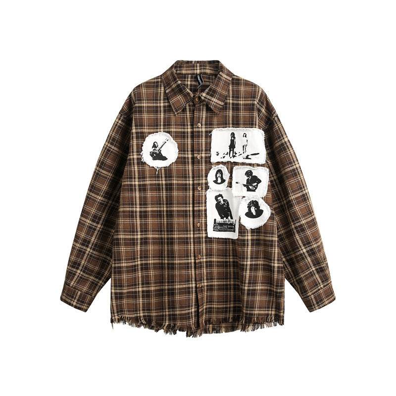 Loose plaid tassel men's and women's long sleeved shirt | MuddyStock Originals Coffee Brown MuddyStock