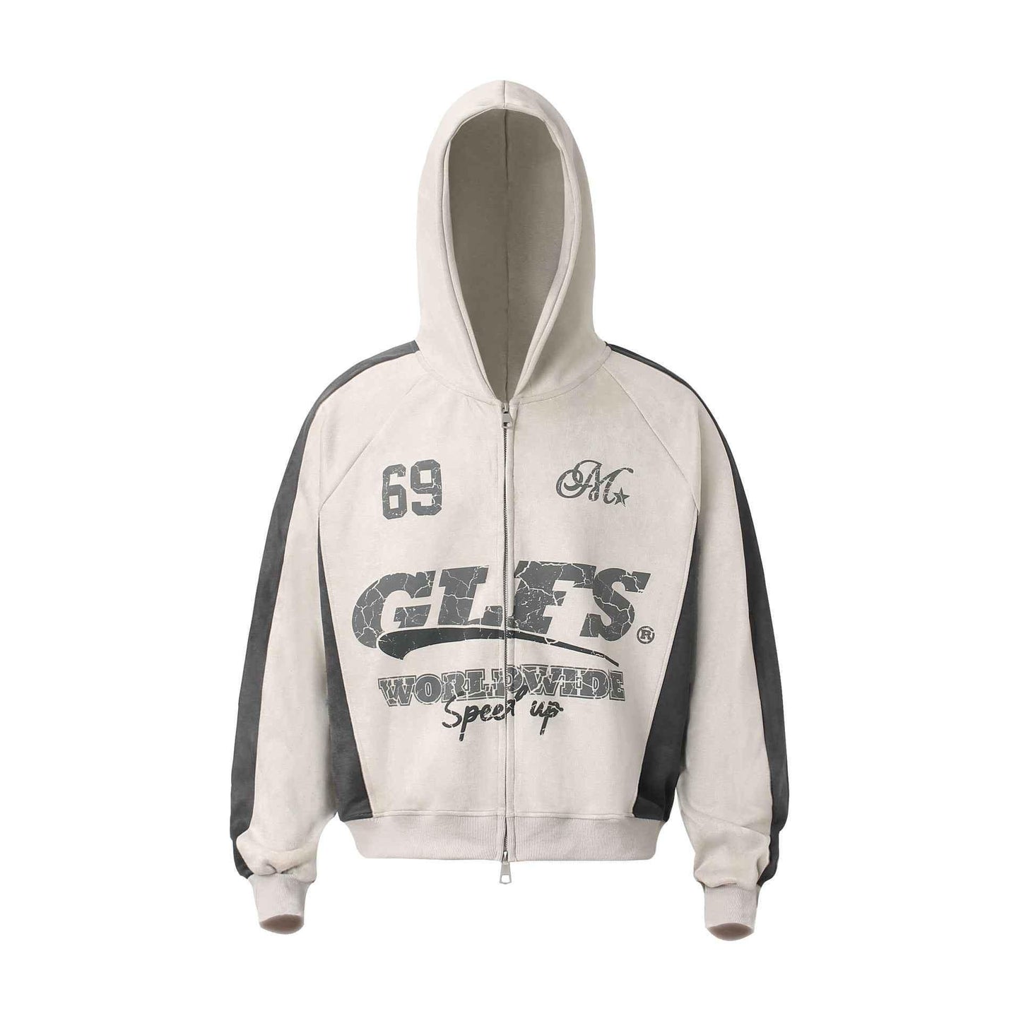 Retro Patchwork Printed Loose Fit Hooded Zip-Up Sweatshirt For Men And Women | MuddyStock Originals Apricot