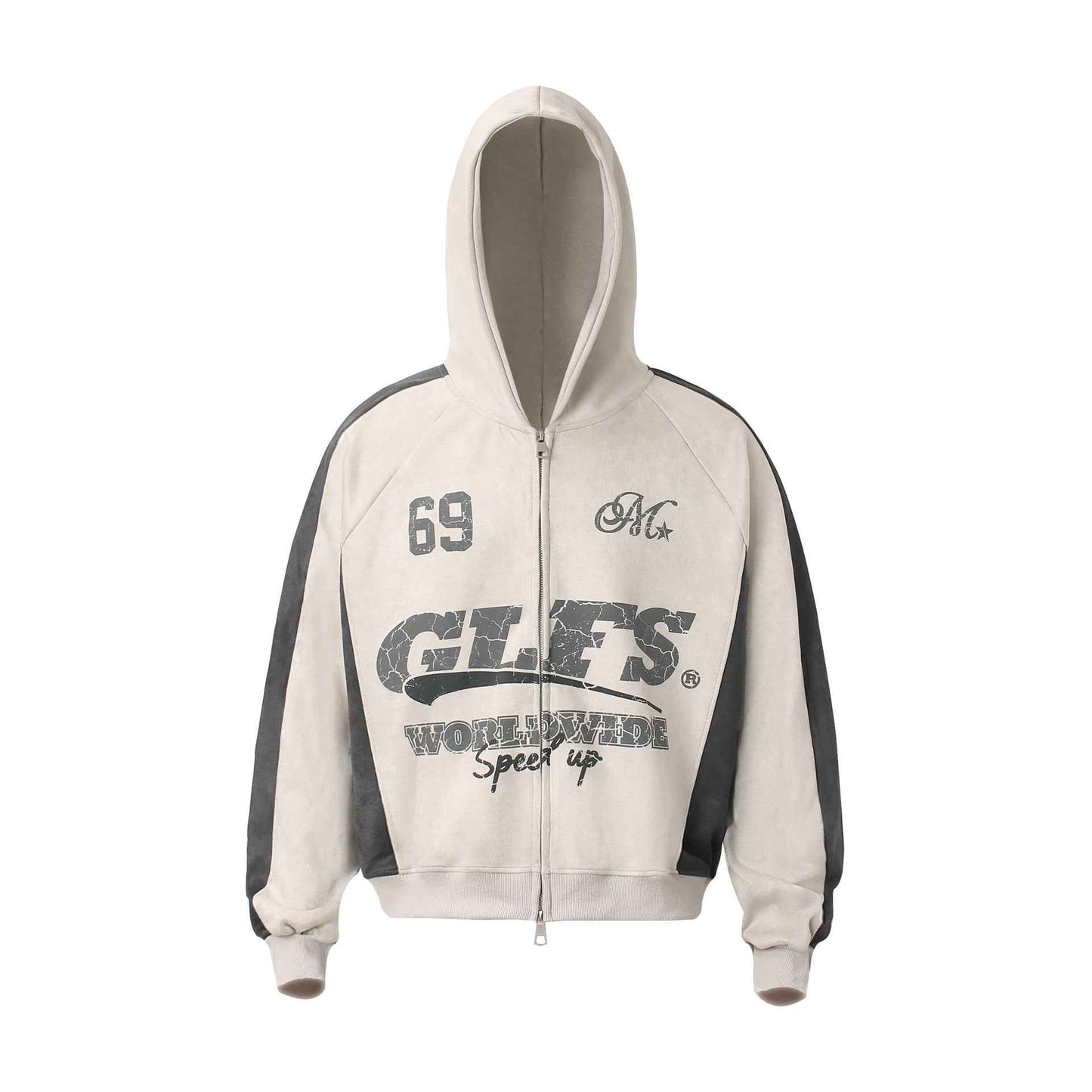 Retro Patchwork Printed Loose Fit Hooded Zip-Up Sweatshirt For Men And Women | MuddyStock Originals Apricot MuddyStock