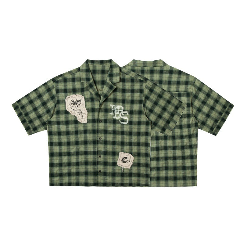 Graffiti sticker checkered men's and women's loose silhouette shirt