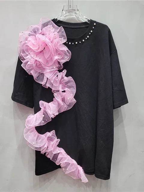 Women's T-shirt Rivet Collar Irregular Pleated Pink Mesh Flowers | MuddyStock Originals Black One Size MuddyStock