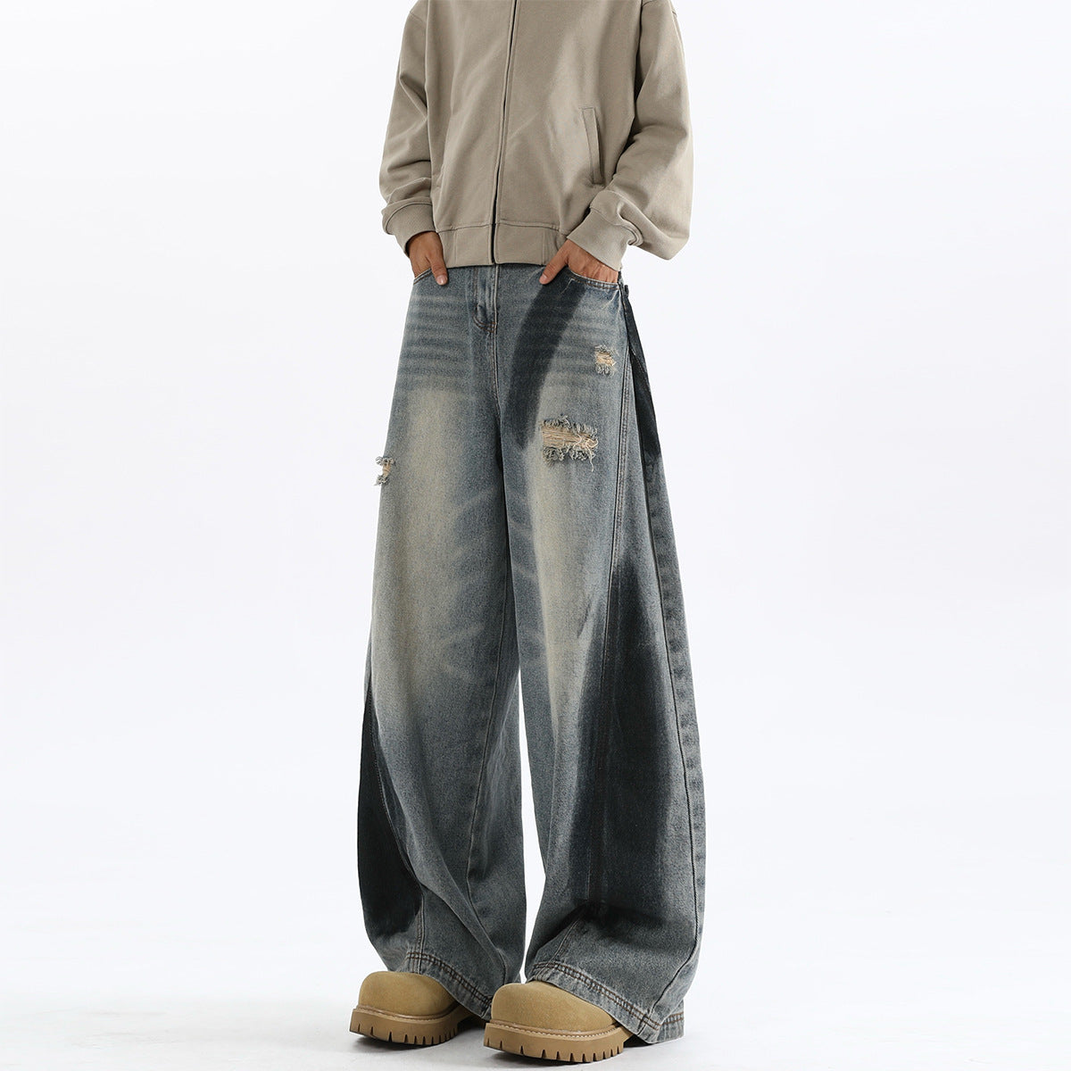 Men's American-style Splash-ink Ripped Machete Jeans Blue MuddyStock