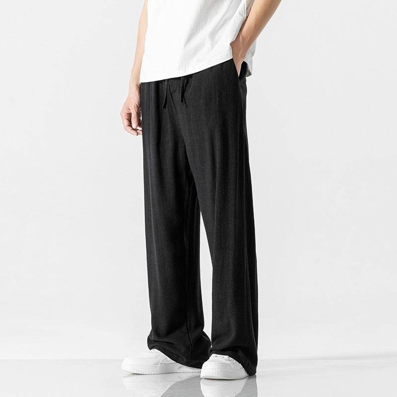 Linen Pants Men's Summer Loose Straight Casual Trousers Black MuddyStock