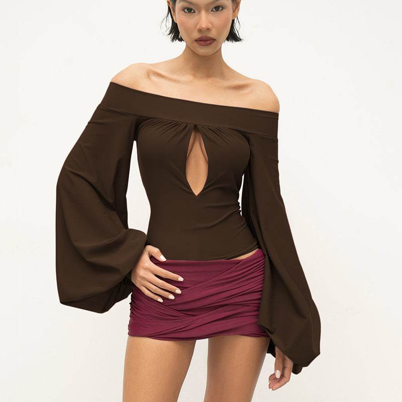 European And American-style Off-neck Lantern Sleeve Hollow-out Top For Women Brown MuddyStock