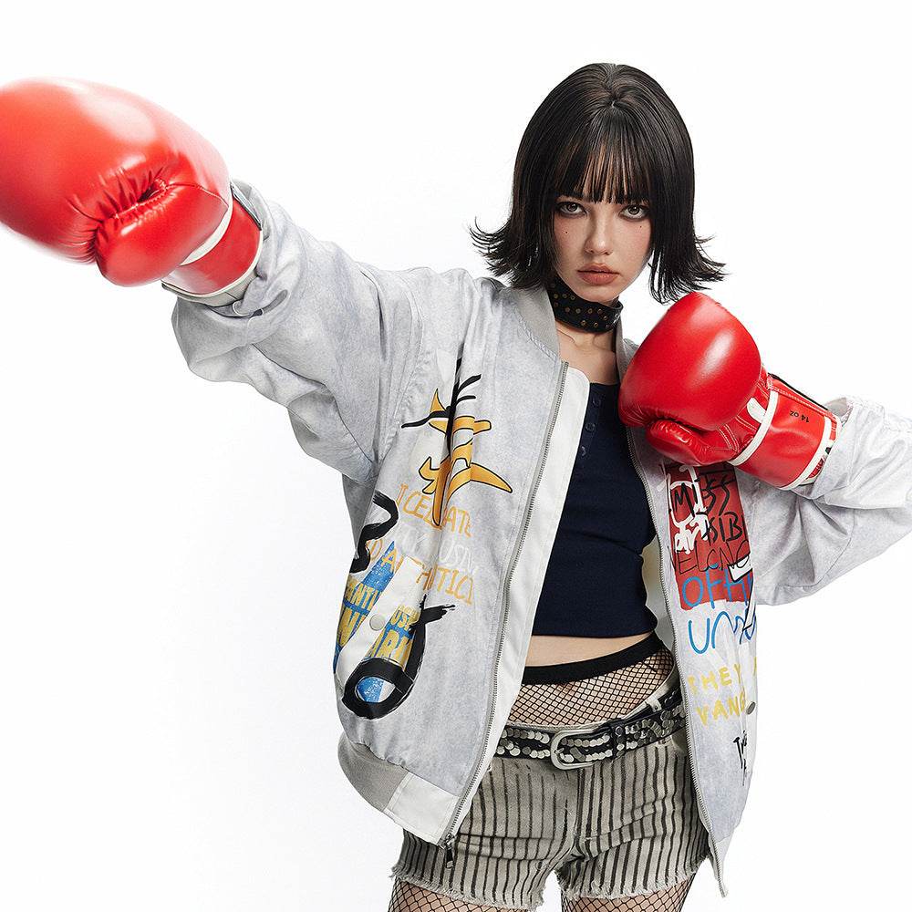 Printed Graffiti Letter Pilot Jacket For Women MuddyStock