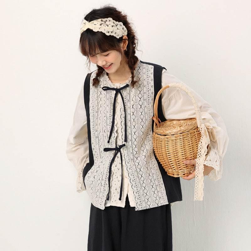 Lace-up Outer Cotton And Linen Waistcoat Vest For Women Navy Blue Average Size