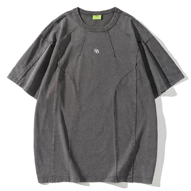 American Washed Patchwork Short-sleeved T-shirt Men Gray MuddyStock