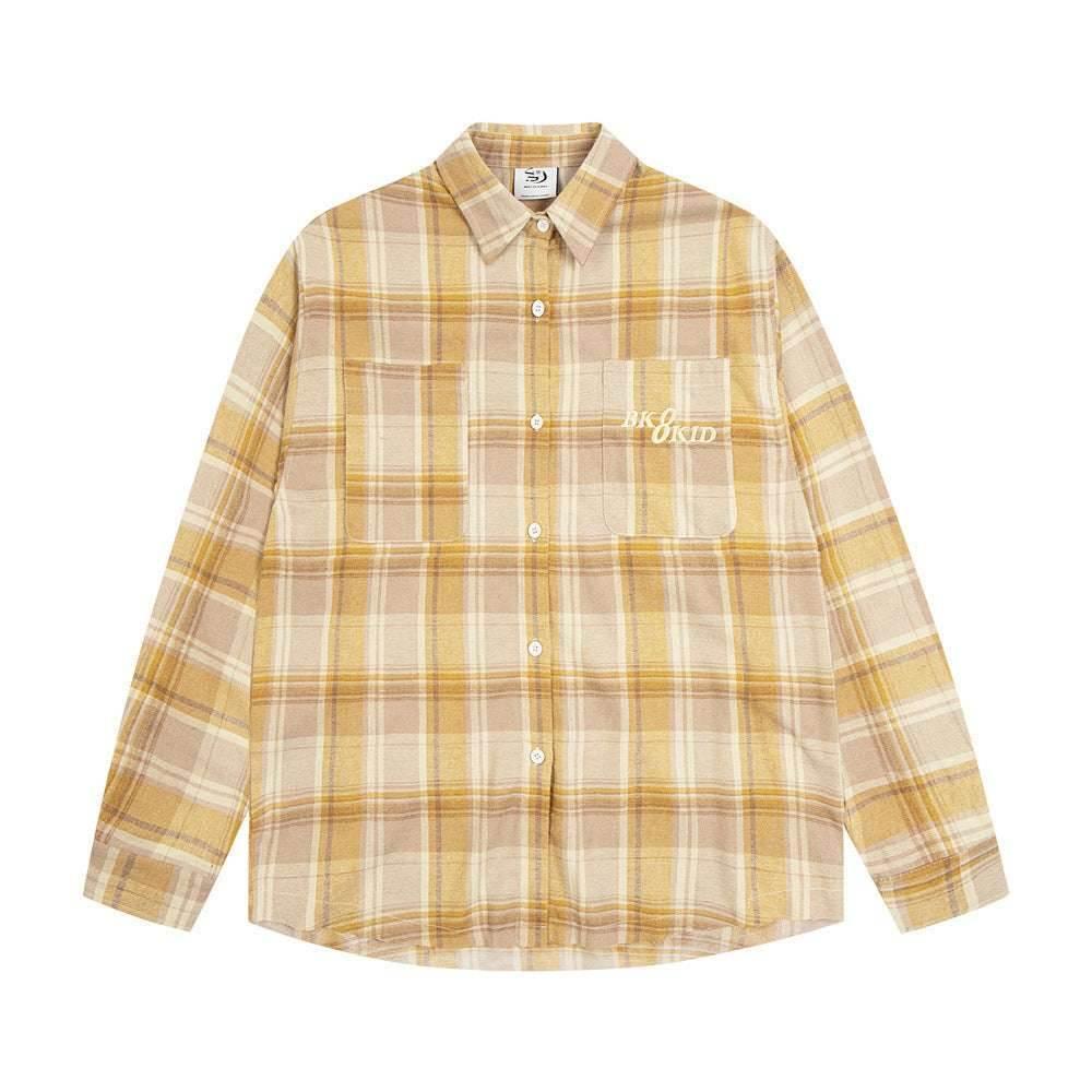 Loose Plaid Long Sleeve Shirt For Women Yellow