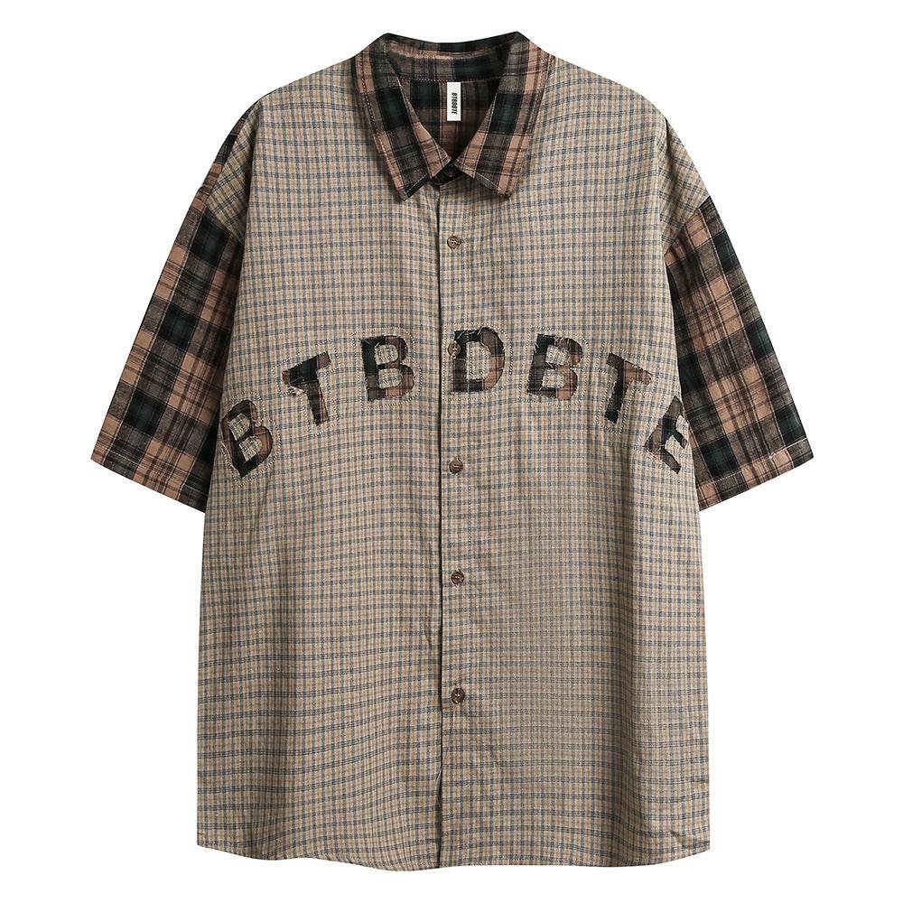 Color Matching Short Sleeve Plaid Shirt For Men And Women Brown MuddyStock