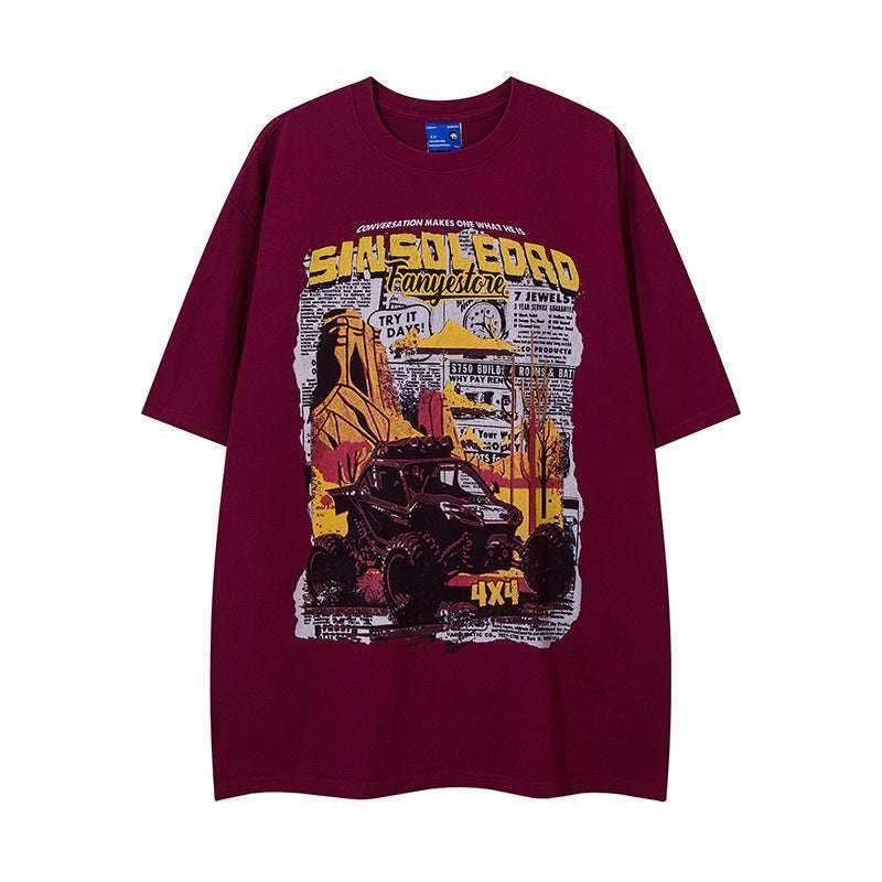 Retro Cartoon Pattern Car Short Sleeve For Men And Women Dark Red