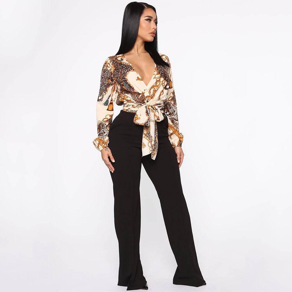 V-Neck Bow Tie Long-Sleeved Crop Top