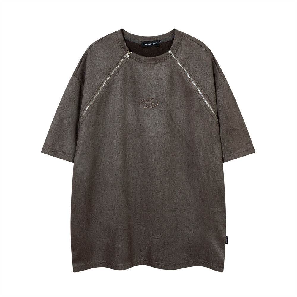 Men's Double Zipper Short-sleeved T-shirt Dark Gray MuddyStock