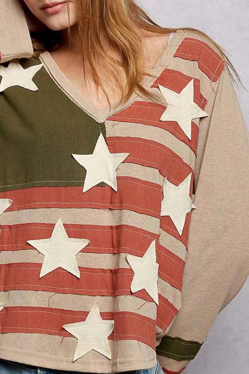 Double Gauze American Flag Patch V-Neck Long Sleeve T-Shirt For Women