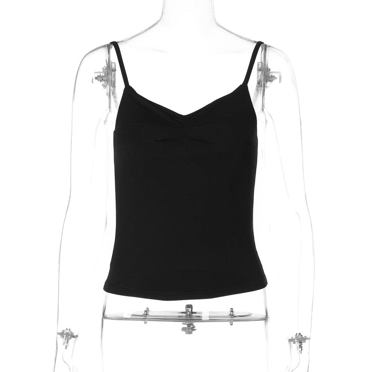 V-neck Basic Style Solid Color Slim Strap Backless Vest Black MuddyStock
