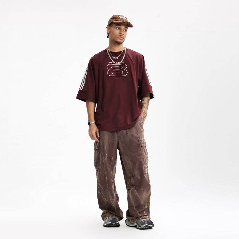 Stitching Sports Embroidery T-shirt American Style Loose Short Sleeve MuddyStock