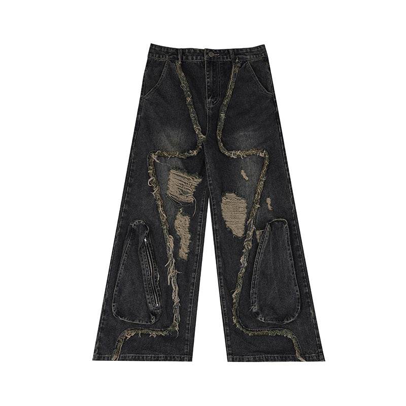 Retro Distressed Heavy Niche Deconstruction Tasseled Jeans Black MuddyStock