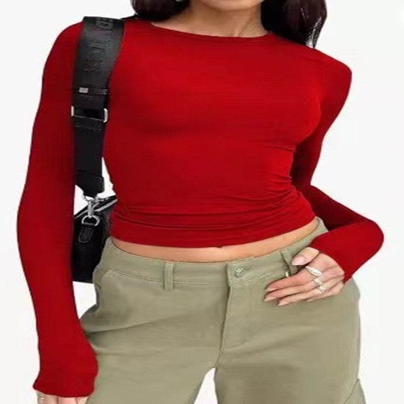 Women's Clothing Fashion Slim Long-sleeved Pullovers Tops Solid Causal Fit Shirts Color131 MuddyStock