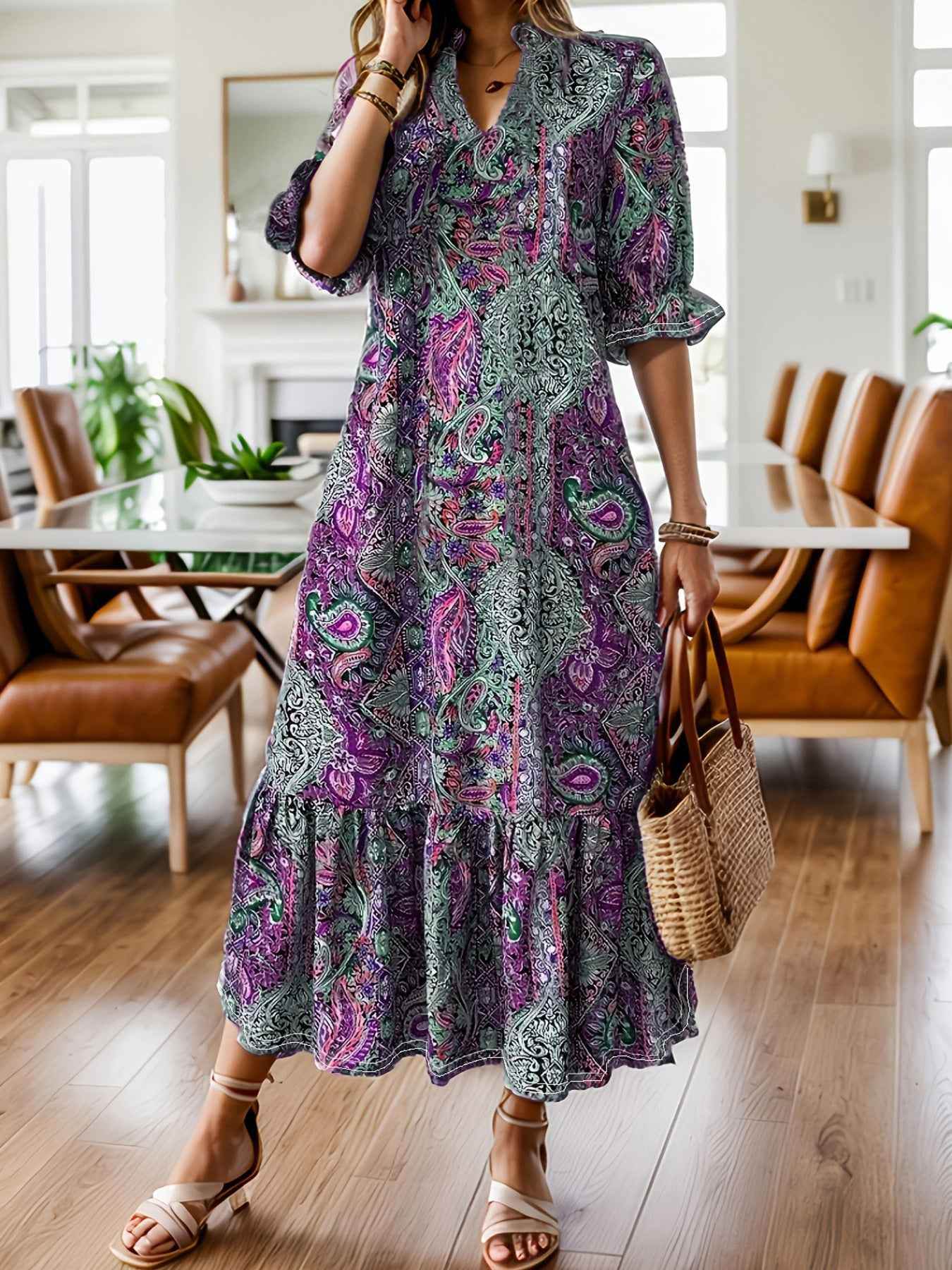 Women's Clothing Printed V-neck Plus Size Dress Purple MuddyStock
