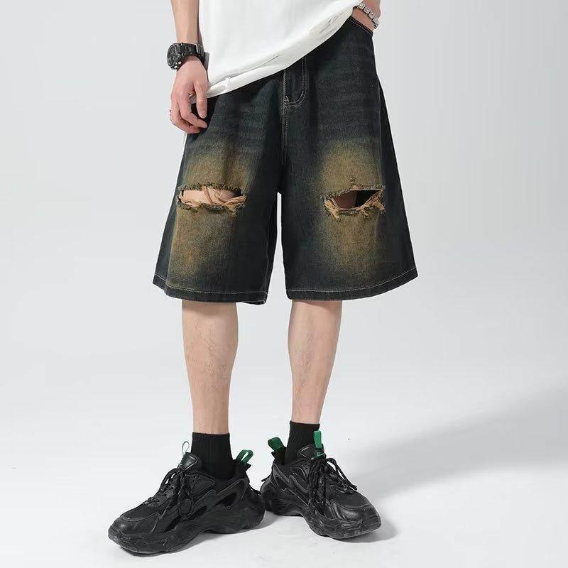 Ripped Denim Shorts For Men Retro Blue