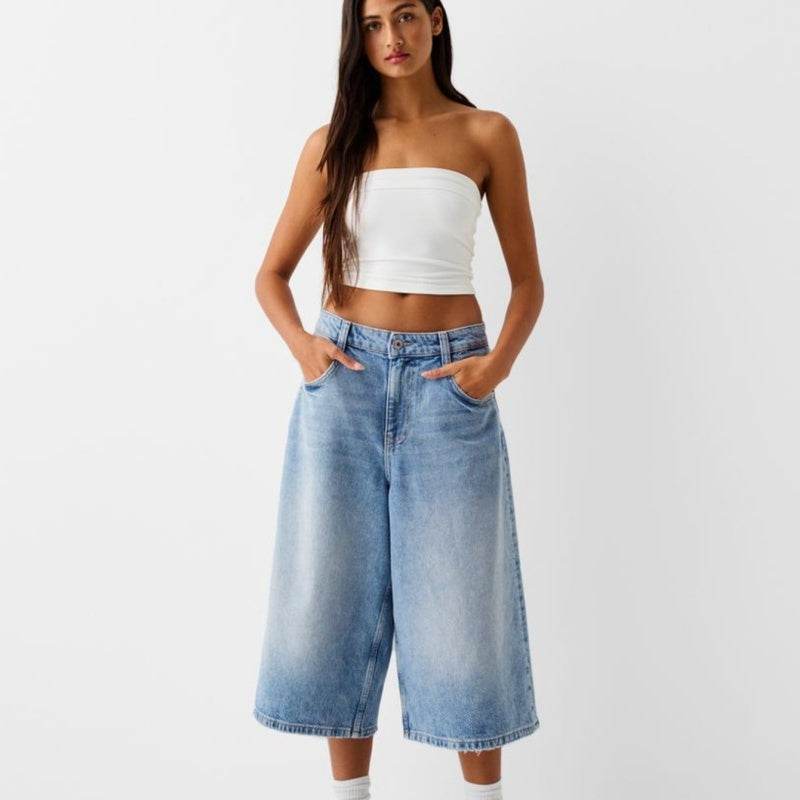 Low Waist Loose Denim Cropped Pants Blue MuddyStock