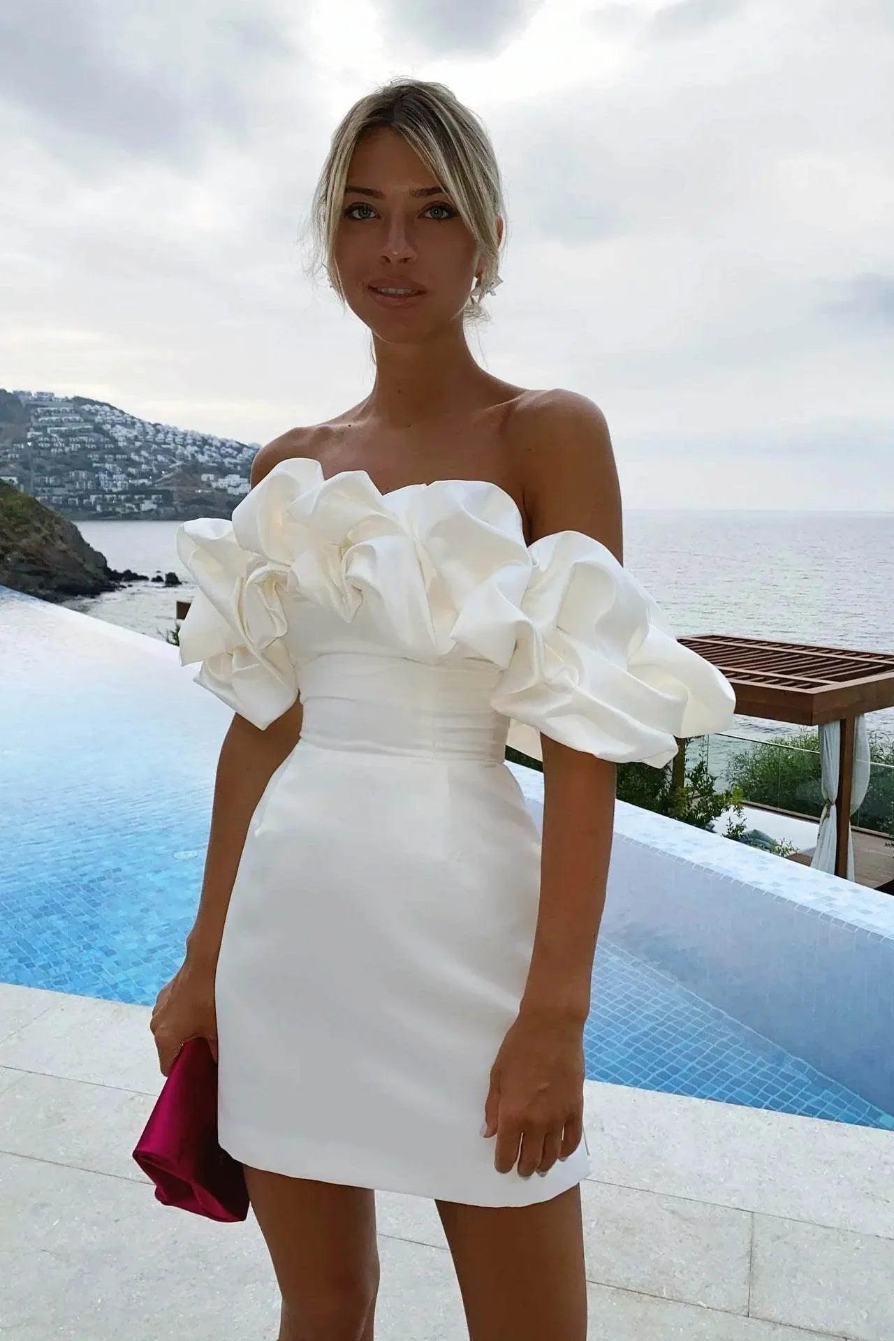 Women's Shoulder High-end Temperament Formal Dress White