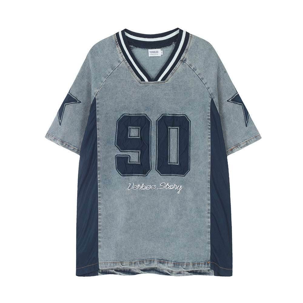 American Style Old Wash Denim Short Sleeve For Men And Women Blue MuddyStock