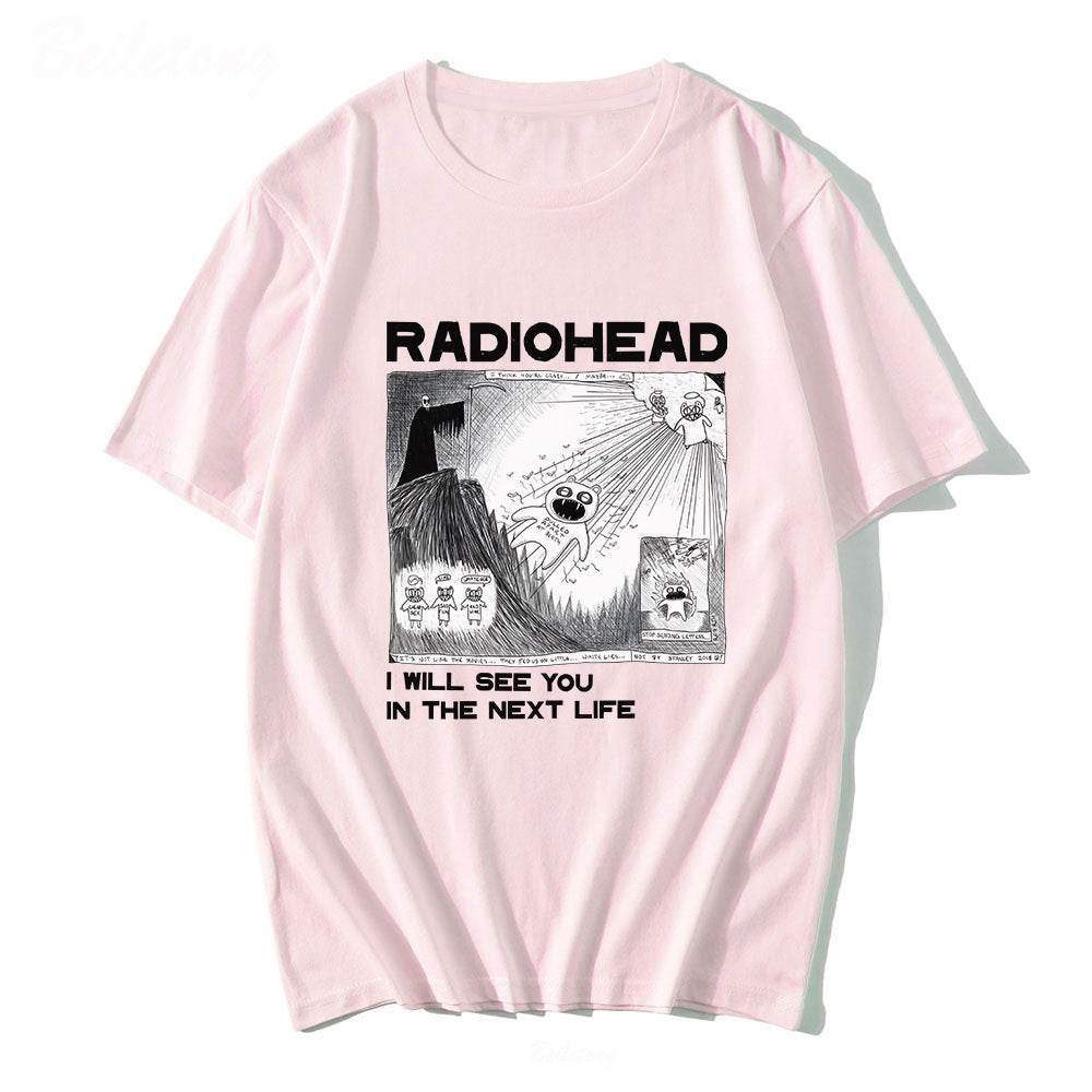 Fun Band Print Pattern Round Neck Short Sleeve Men's Pink MuddyStock