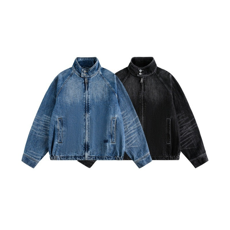 Streetwear Washed Faded Stand Collar Zipper Loose Denim Jacket For Men And Women | MuddyStock Originals MuddyStock