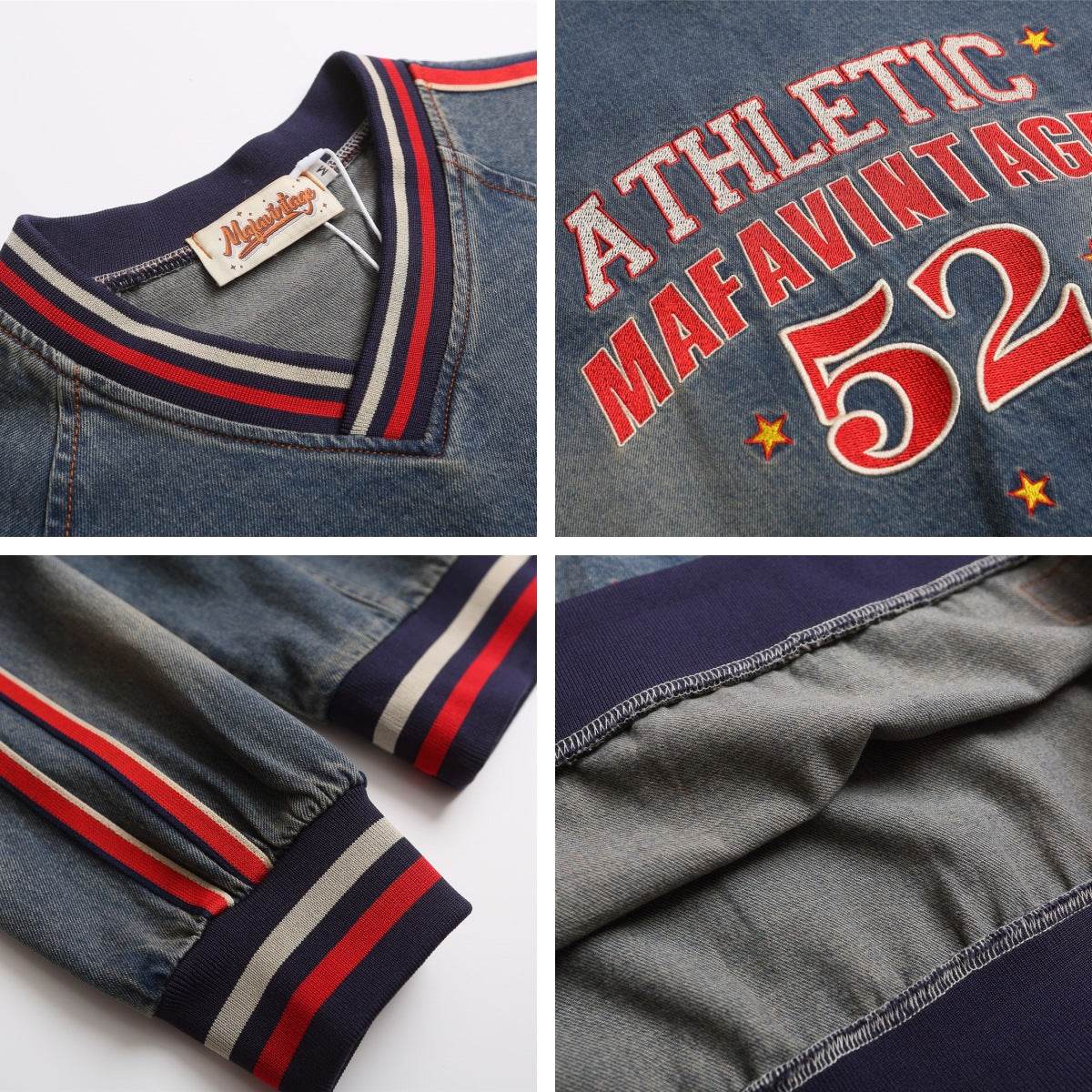 Letter Embroidered V-Neck Denim Sweatshirt For Men And Women | MuddyStock Originals eprolo