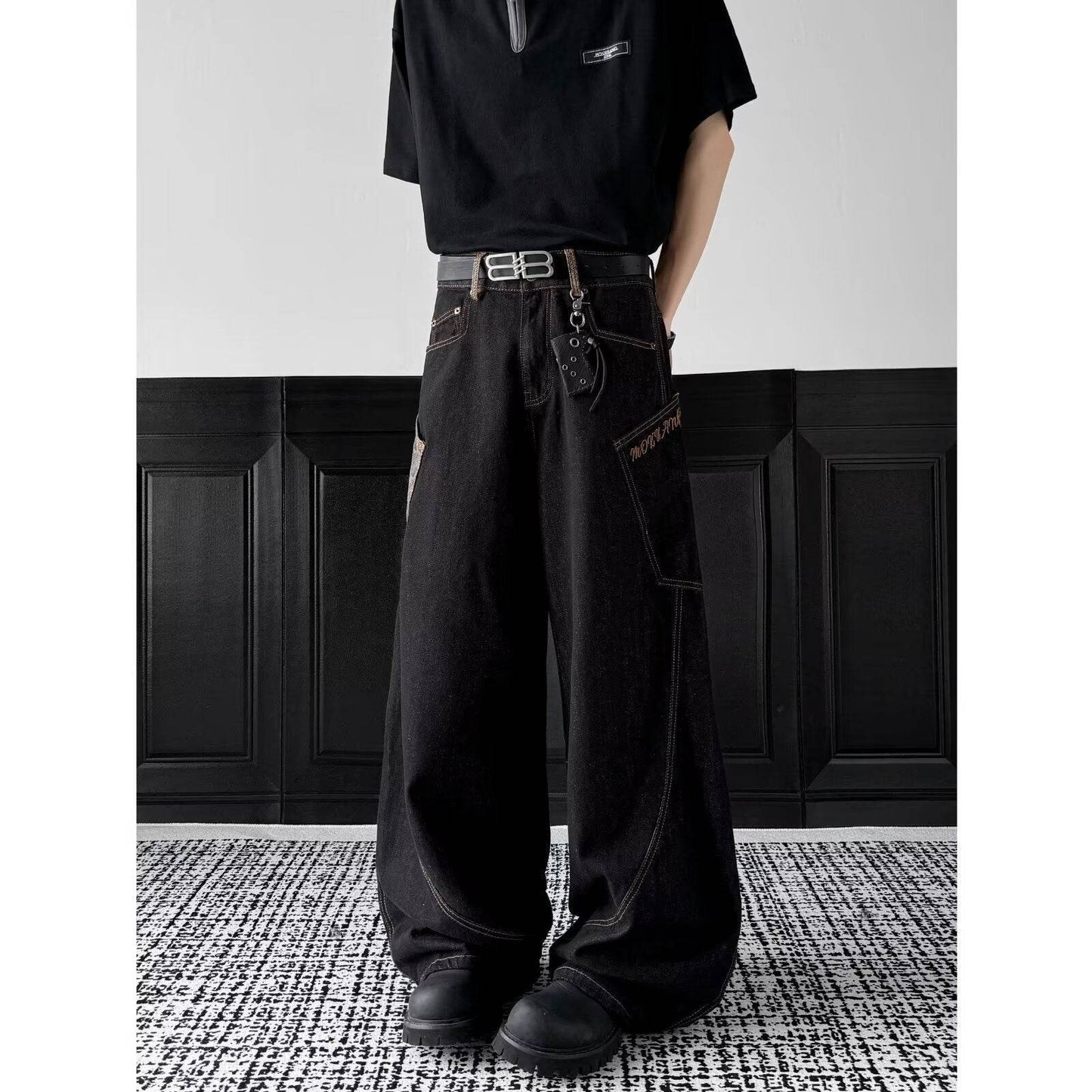 Checkered splicing curved jeans for men | MuddyStock Originals MuddyStock