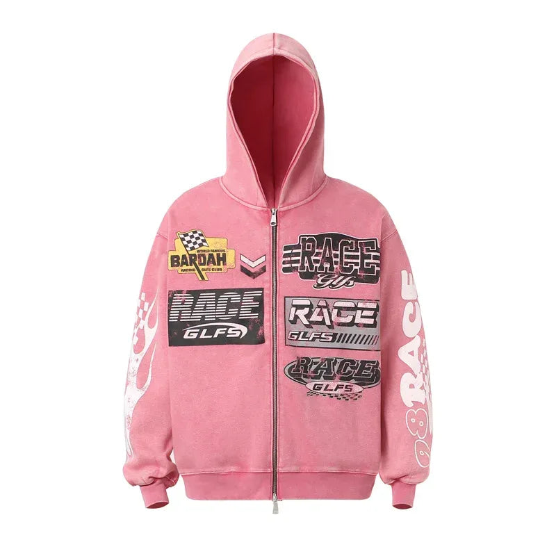 Retro Racing Slogan Washed Zip-Up Hoodie For Men And Women | MuddyStock Originals Rose Pink eprolo