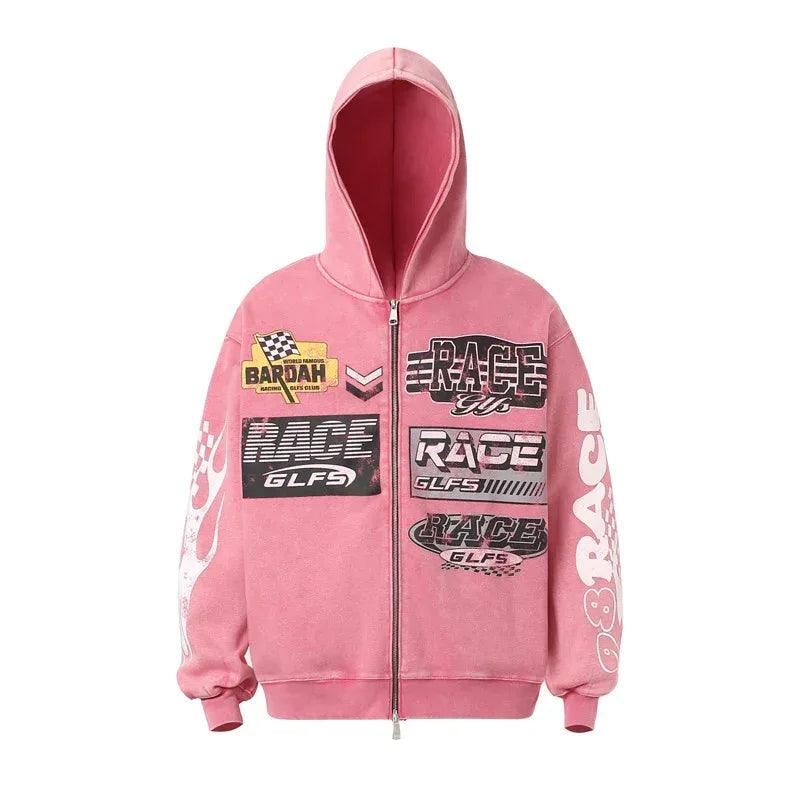 Retro Racing Slogan Washed Zip-Up Hoodie For Men And Women | MuddyStock Originals Rose Pink