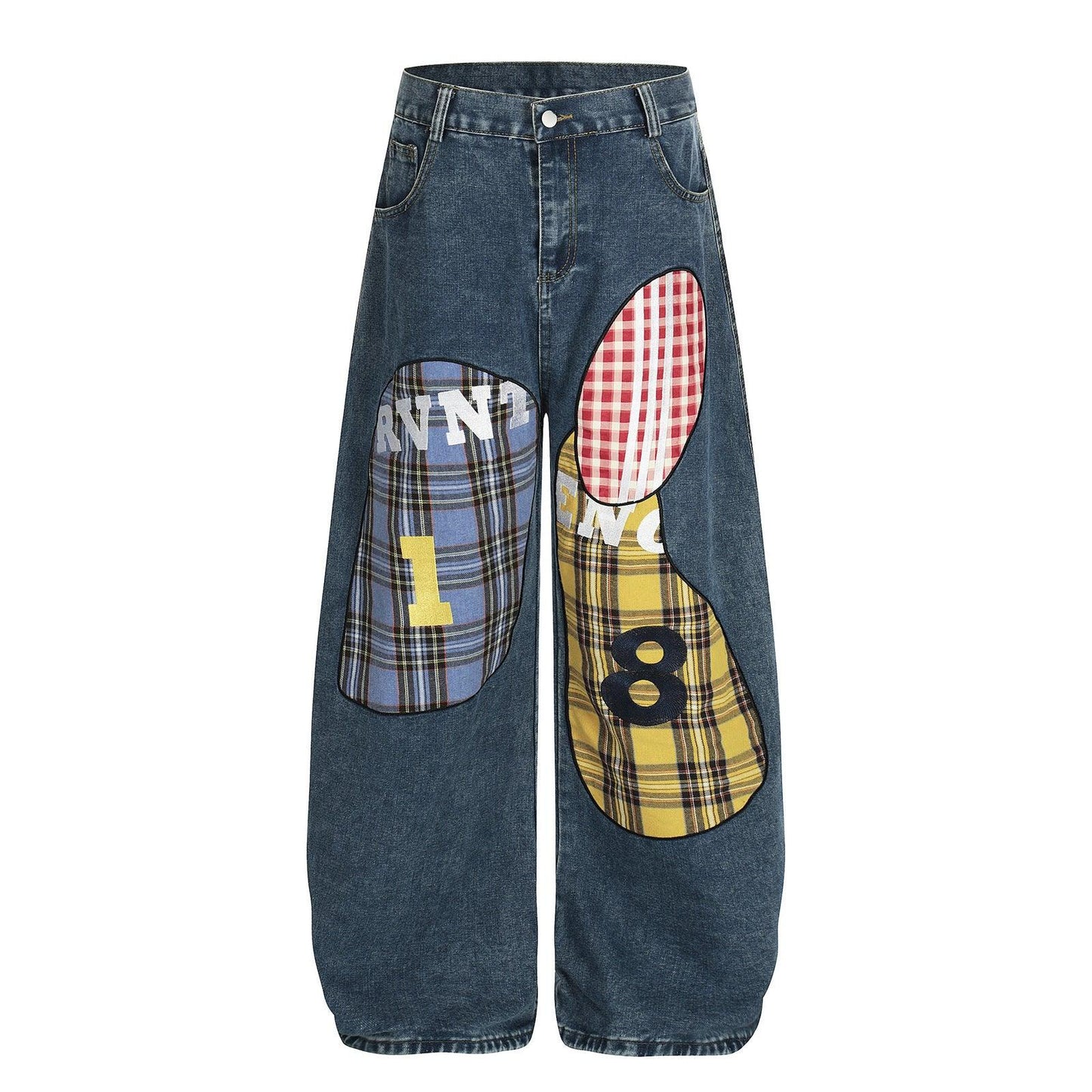 Plaid Patchwork Embroidered Denim Pants For Men And Women | MuddyStock Originals Blue
