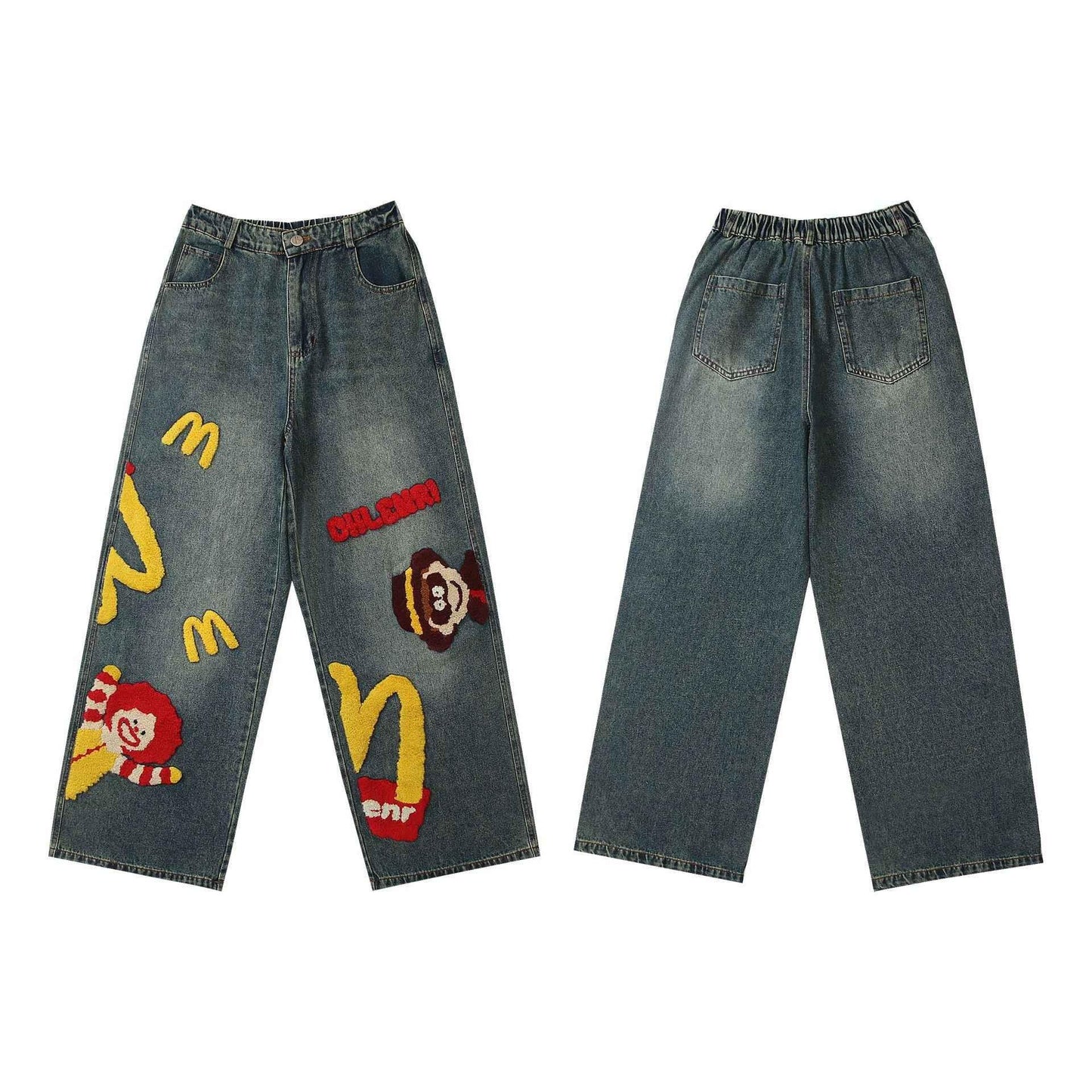 Retro Washed Denim Trousers with Cartoon Embroidery For Men And Women | MuddyStock Originals