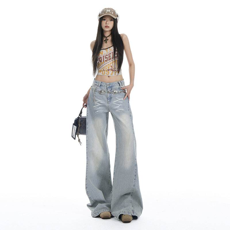 Women's Washed High Waist Wide Leg Jeans Slim Draping Floor-Length Pants Light Blue # Extended Length eprolo