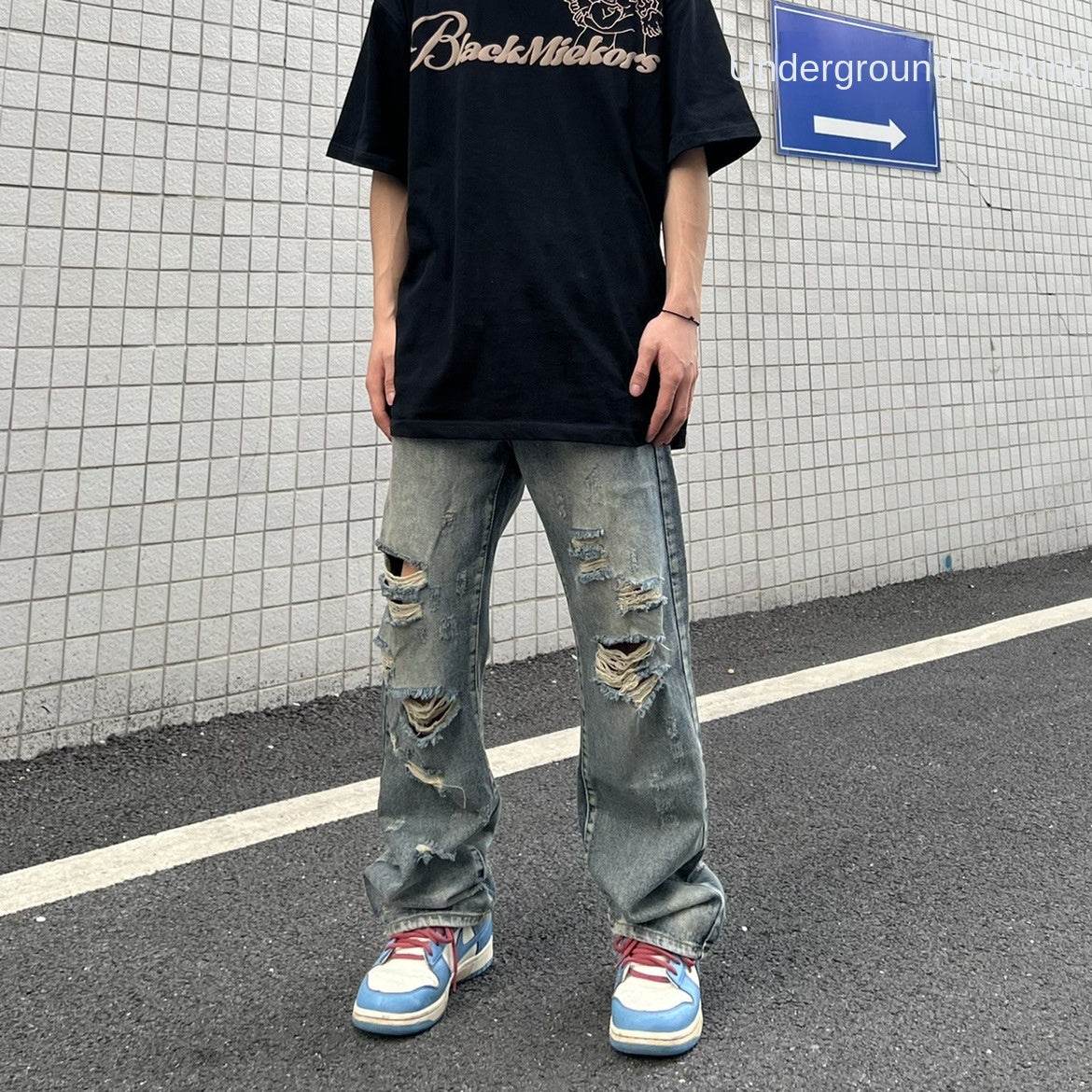 Summer loose straight washed ripped Jeans For Men | MuddyStock Originals Blue MuddyStock