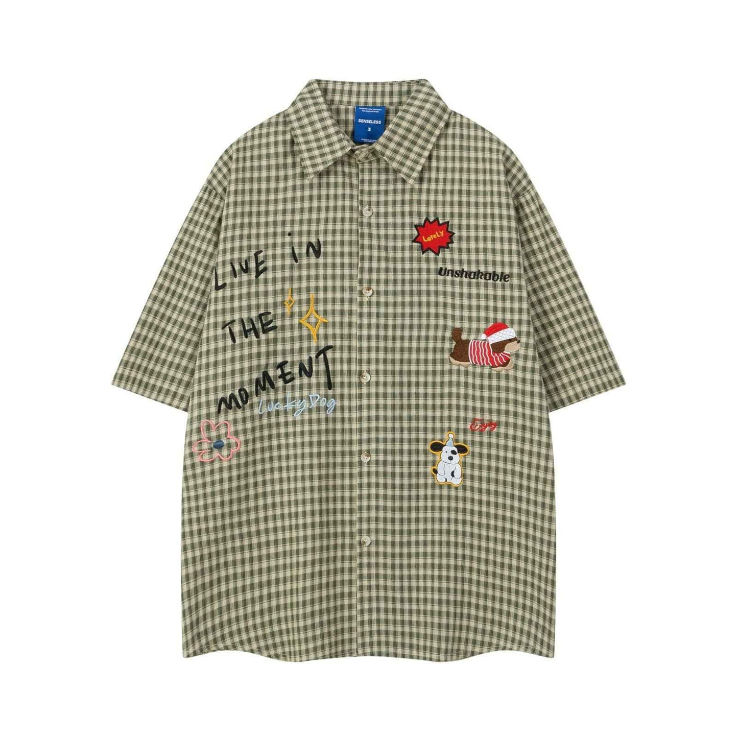 Retro Dog Embroidery Plaid Collar Short Sleeve Shirt for Men and Women | MuddyStock Originals Green
