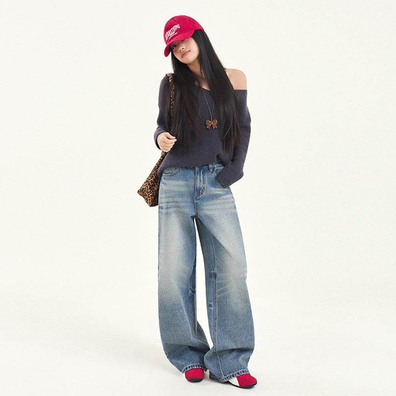 Women's Washed High Street Floor-Length Denim Pants | MuddyStock Originals Vintage Blue Long Pants MuddyStock