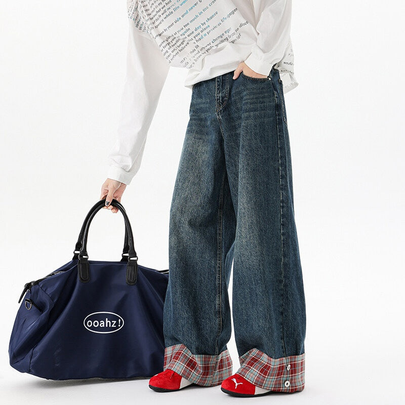 Retro Washed Plaid Cuffed Denim Wide Leg Long Pants For Men And Women | MuddyStock Originals MuddyStock