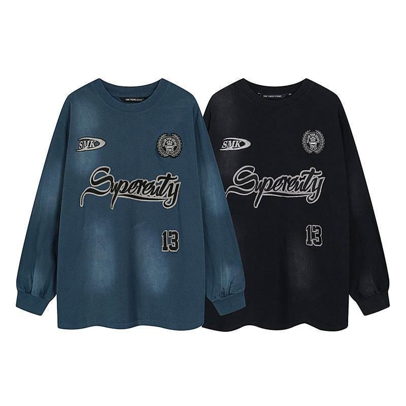 Washed patchwork embroidered sportswear round neck sweatshirt For Women | MuddyStock Originals