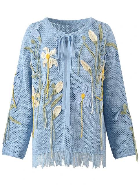 Floral lace up knitted cardigan top for women | MuddyStock Originals Blue MuddyStock
