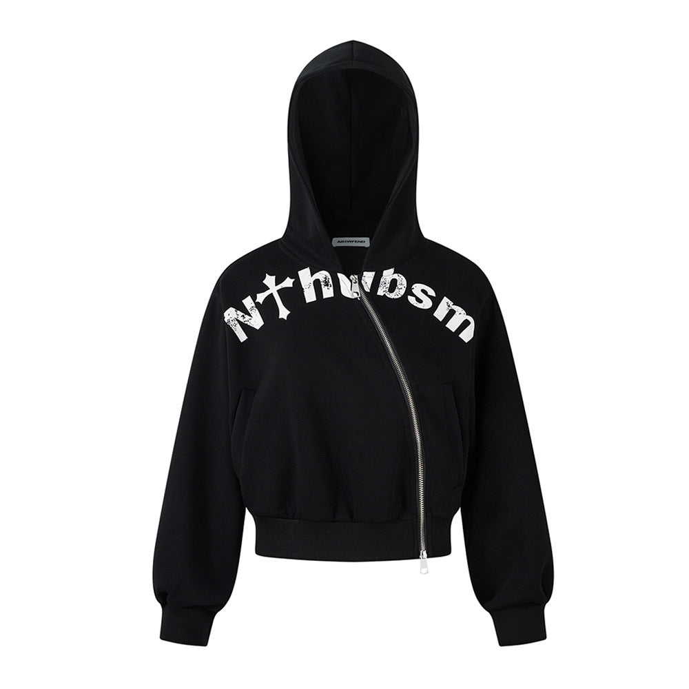 Letter Print Personality Side Zipper Hoodie For Women Black eprolo