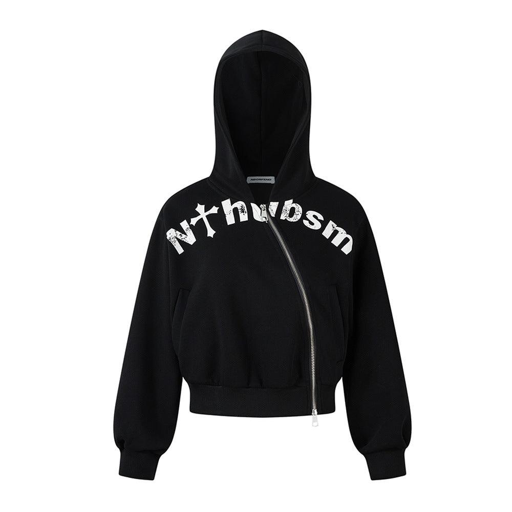 Letter Print Personality Side Zipper Hoodie For Women Black