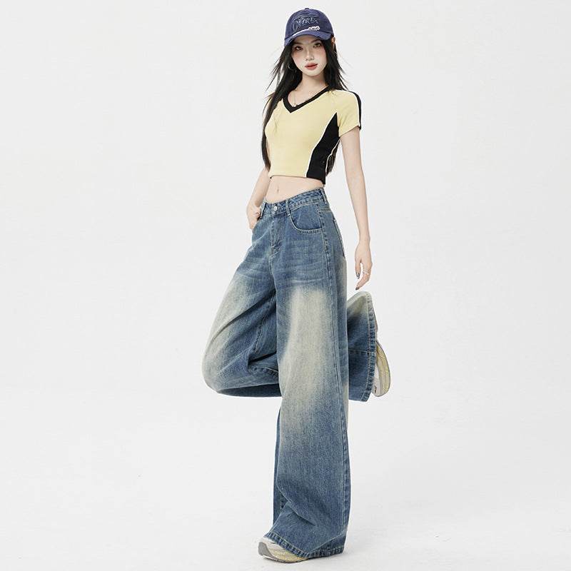 Women's Washed Vintage Blue Draped Loose High-Waist Wide-Leg Jeans | MuddyStock Originals MuddyStock