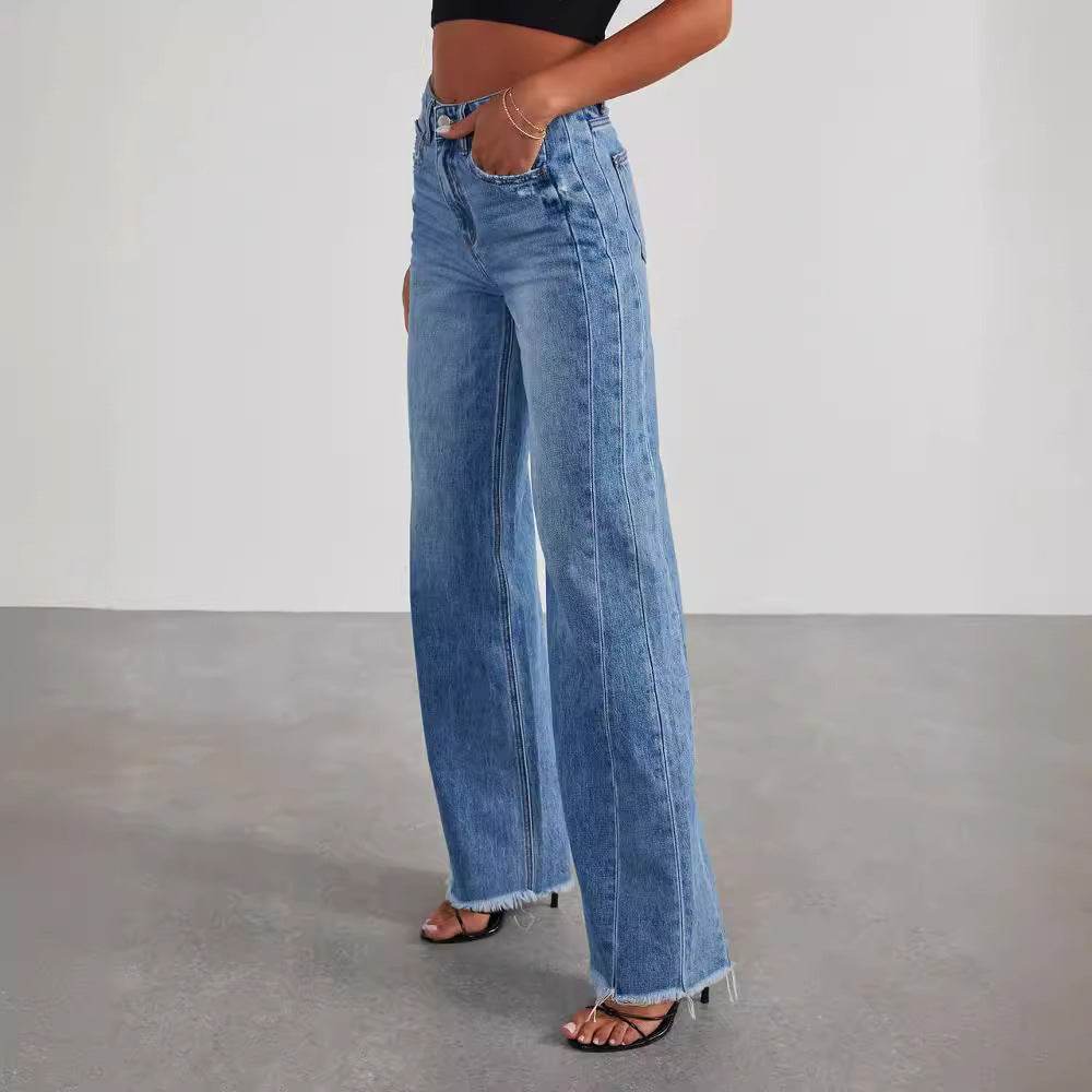 Loose wide leg side seam splicing, brushed hem denim jeans for women | MuddyStock Originals MuddyStock