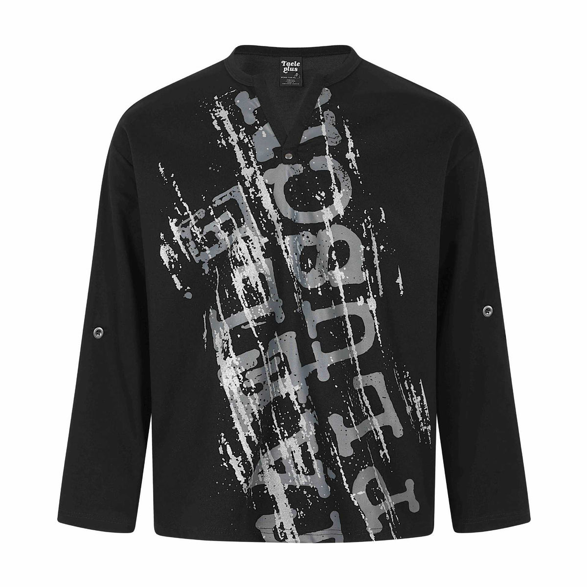 Silver Foil Letter Print Long Sleeve Small V-Neck Punk Streetwear T-Shirt Black