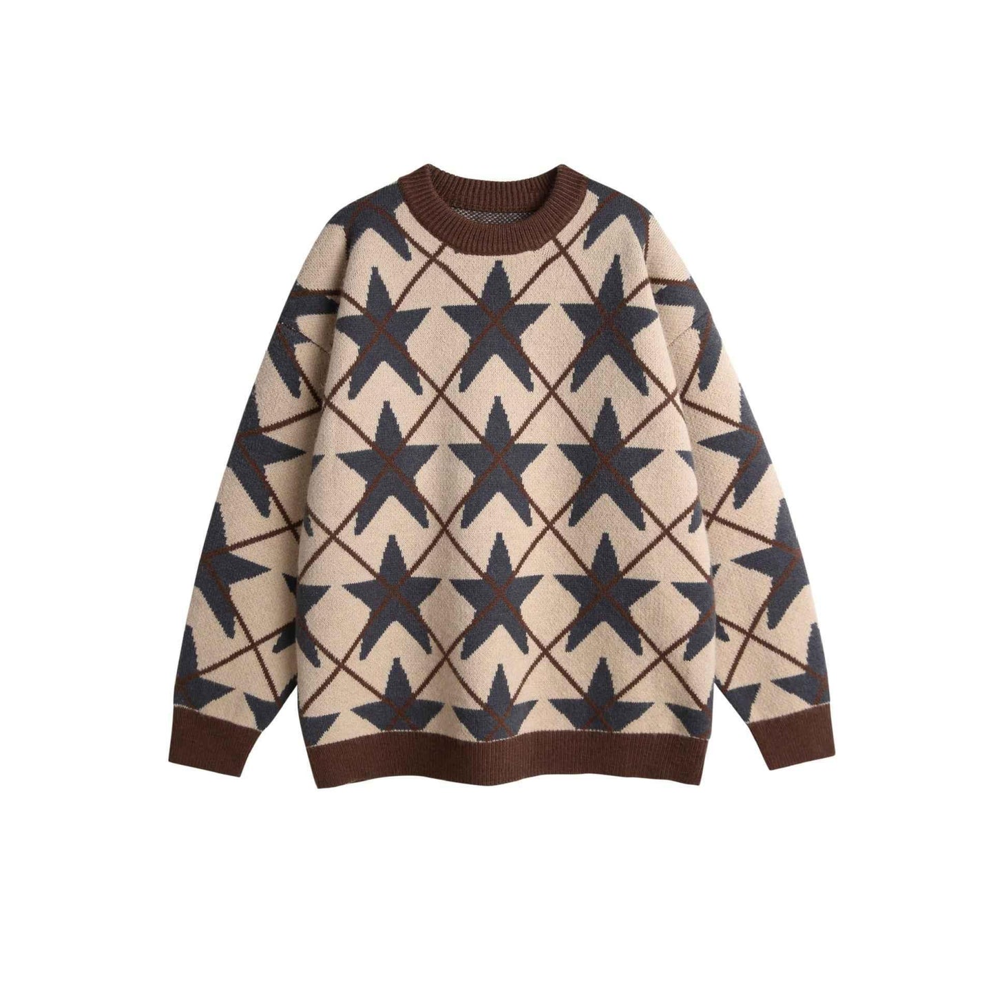 Jacquard Crewneck Loose Pullover Sweater For Women | MuddyStock Originals Brown