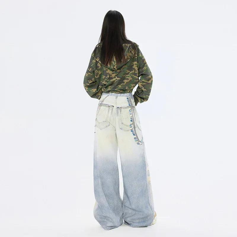 Graffiti Heart Bear Chain Curved Knife Loose Wide Leg Jeans for Women | MuddyStock Originals