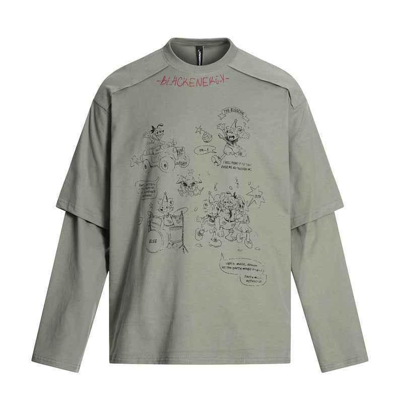 Cartoon Print Fake Two-Piece Long Sleeve T-Shirt For Men And Women | MuddyStock Originals Dark Grey